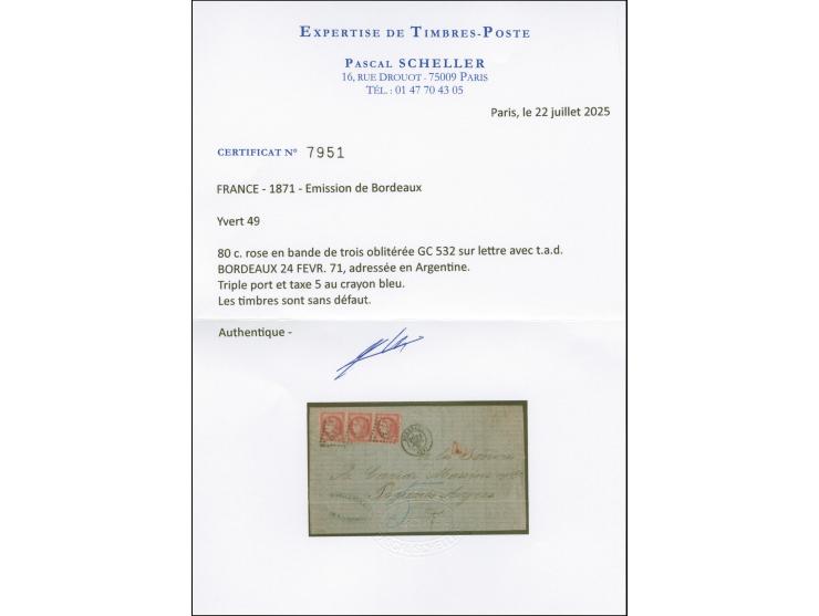 1870, 80 c. rose, horizontal strip of three of fresh colours and with ample to large margins, tied by GC “532 with adjacent c