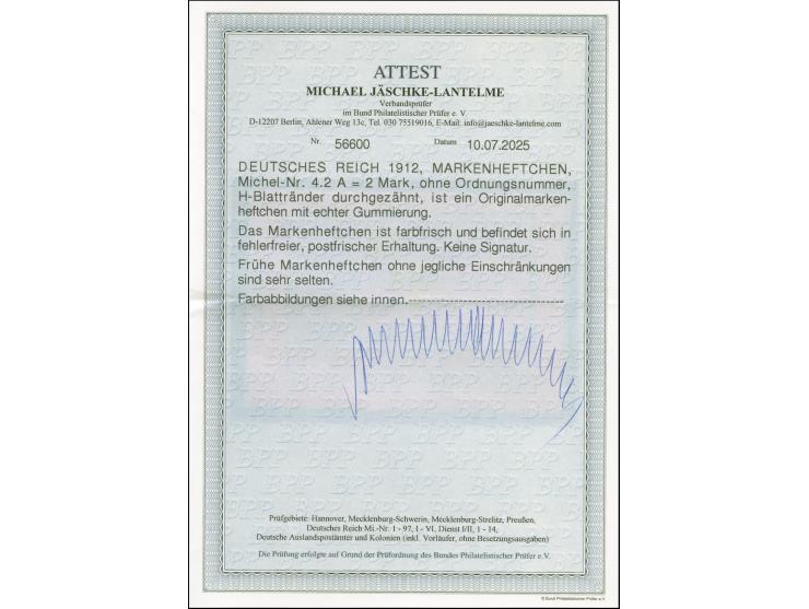 1912, Germania Markenheftchen 2 Mark ohne ONr. und durchgezähntem Heftchenblattrand, postfrisch, gut gezähnt, in einwandfreie