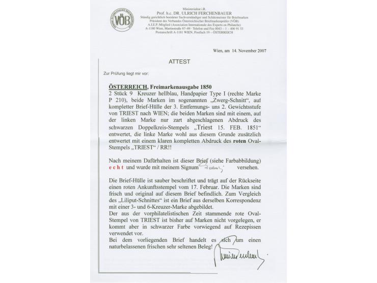 "TRIEST", roter Ovalstempel, klar auf &nbsp;9 Kr. hellblau, Type I, mit weiterem Einzelwert, beide im Zwergschnitt (für diese