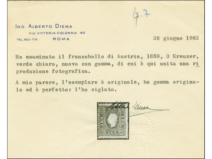 1858, Kaiser Josef 3 Kr. grün, farbfrisch und gut geprägt, ungebraucht mit großen Teil des Originalgummis, eine seltene Marke