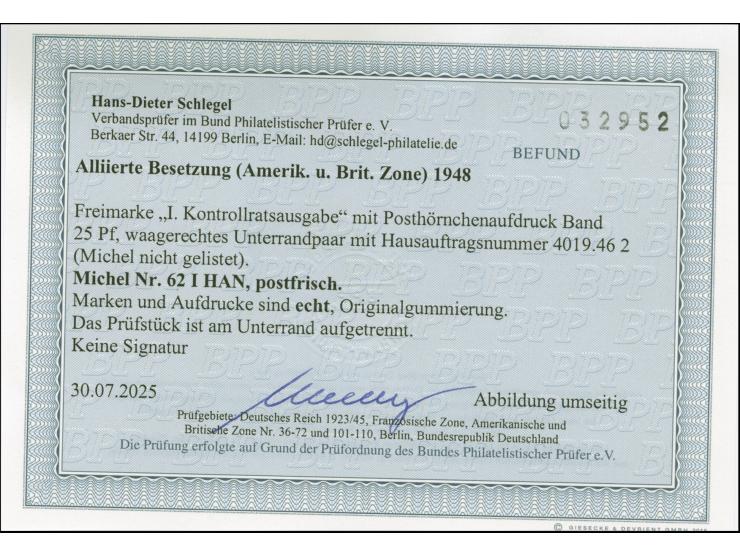 25 Pfg., im waagerechten Unterrandpaar mit HAN “4019.46 2”, postfrisch und einwandfrei, im Rand fünf Zähne angetrennt, im Mic