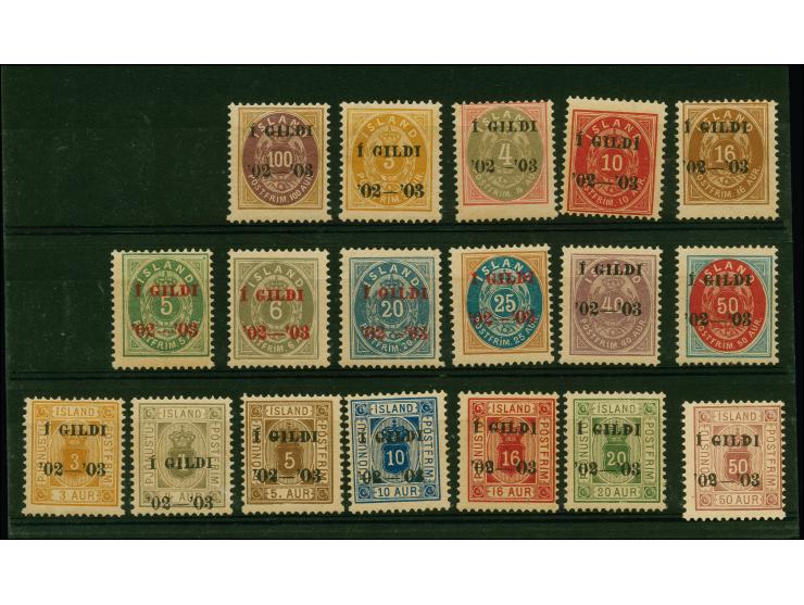 1904, "I Gildi / 02-03", UPU Reprints with ‘Large Crown’ watermark, complete set of 18 including the seven Official stamps, v