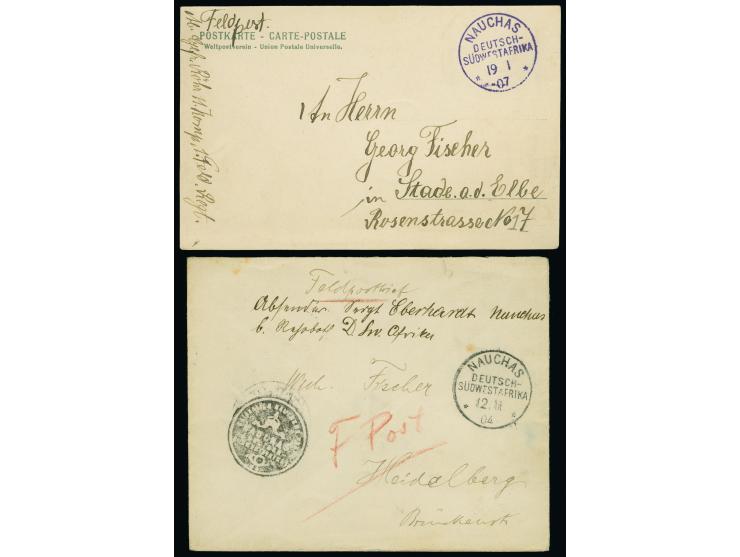 “NAUCHAS DSWA 19.1.97” klar in Violett auf Feldpostkarte mit Grußtext nach Stade und “NAUCHAS DSWA 12.11.04” klar in Schwarz 