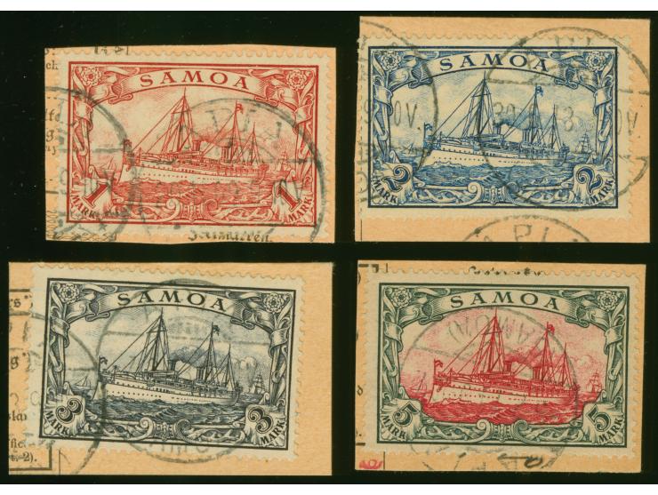 1900/01, Kaiseryacht 1-5 Mark je mit Stempel “APIA (SAMOA)” auf vier Postanweisungs-Briefstücken, in einwandfreier Erhaltung,