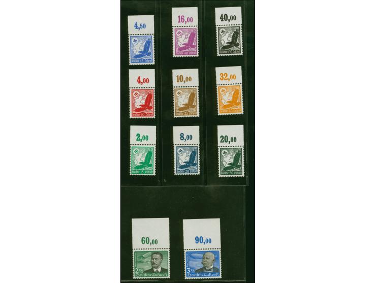 1934, Flugpost 5 Pfg.-3 M. kpl. mit senkrechter Gummiriffelung, einheitlich mit Oberrand, jeder Wert von Bogenfeld vier, post