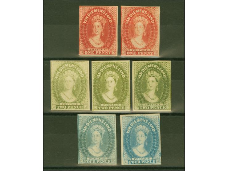 1855/60, Chalon Heads, seven colour trial proofs on thick cardboard, two 1 p. red, three 2 p. green and two 4 p. blue, very f