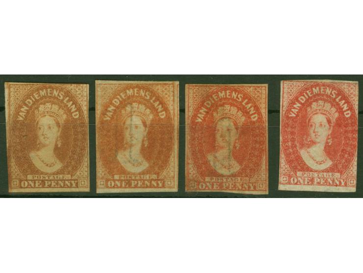 1857/67, Four stamps 1 d. showing colours pale dull vermilion, deep red-brown, pale red-brown and brick red, all unused no gu