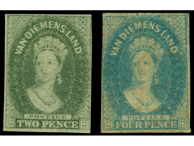 1857-67, QV 2 d. slate-green and 4 d. pale blue, each closed margins, both unused with part original gum, an attractive pair