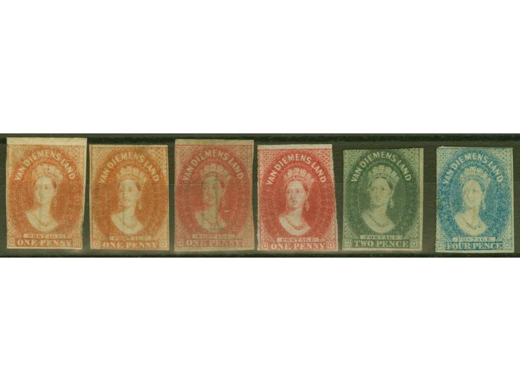 1857-67, Six stamps 1 d., 2 d. and 4 d., all unused no gum, minor faults and closed margins, an attractive study group