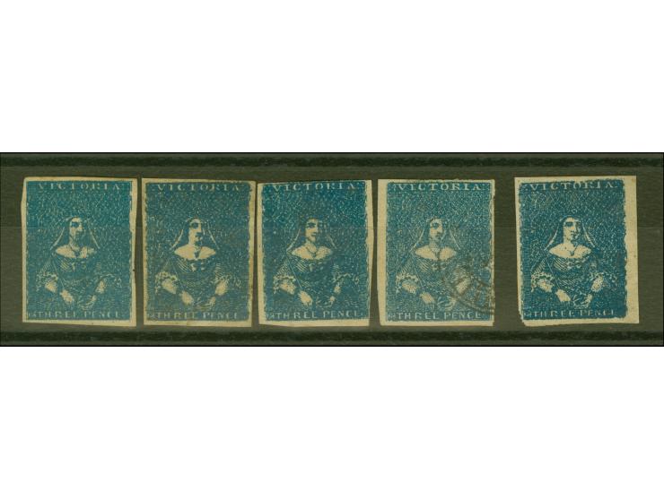 1854, Victoria 3 d. blue, three unused and two used stamps of "Row 1", Pos. 2-3-4-5-6, tiny thins and minor faults, otherwise