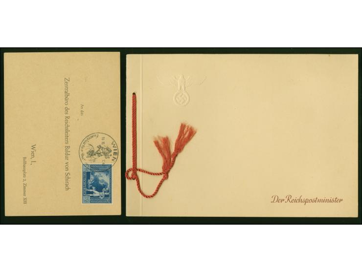 1942, Geschenkheft zum europäischen Postkongress 1942, mit gedrucktem Titel “Der Reichspostminister” und geprägtem Hoheitszei