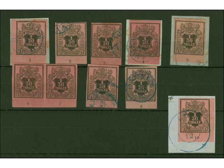 1/30 Th. auf himbeerfarben, Rekonstruktion des unteren Bogenrandes mit Reihenzählern “1”-”10”, dabei ein ungebrauchtes waager