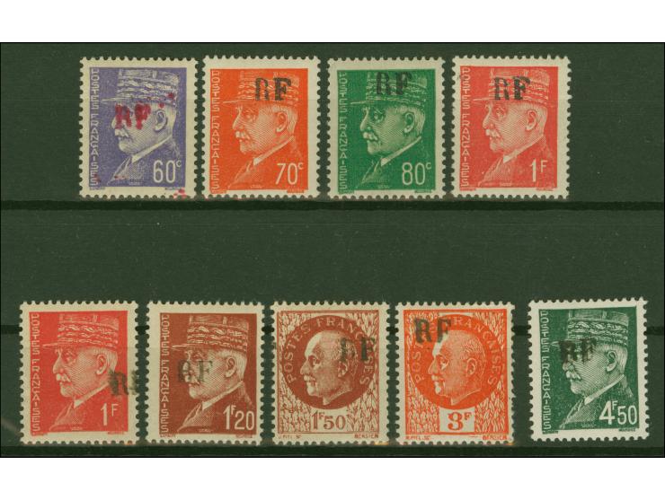 1944, Local liberation issue 9 stamps Petain 60 c.- 4,50 fr., mint never hinged/unused with overprint RF, signed Brun a.o.