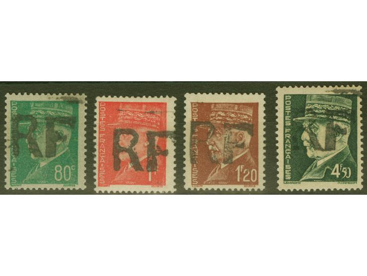 1944, CURZAY: Local liberation issue 4 stamps overprinted “RF”, Petain 80 c. to 4,50 fr., mint never hinged, very fine. Cert.