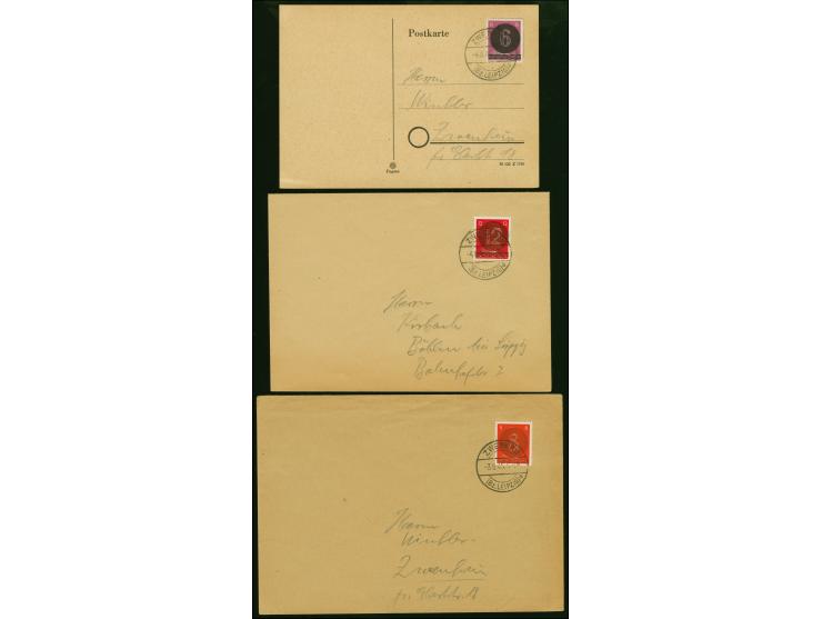 1945, Holzhausen-Ausgabe 6-12 Pfg. kpl. je mit Stempel “ZWENKAU 3.8.45” bzw. “ZWENKAU 4.8.45” auf drei Blanko-Karte bzw. Blan