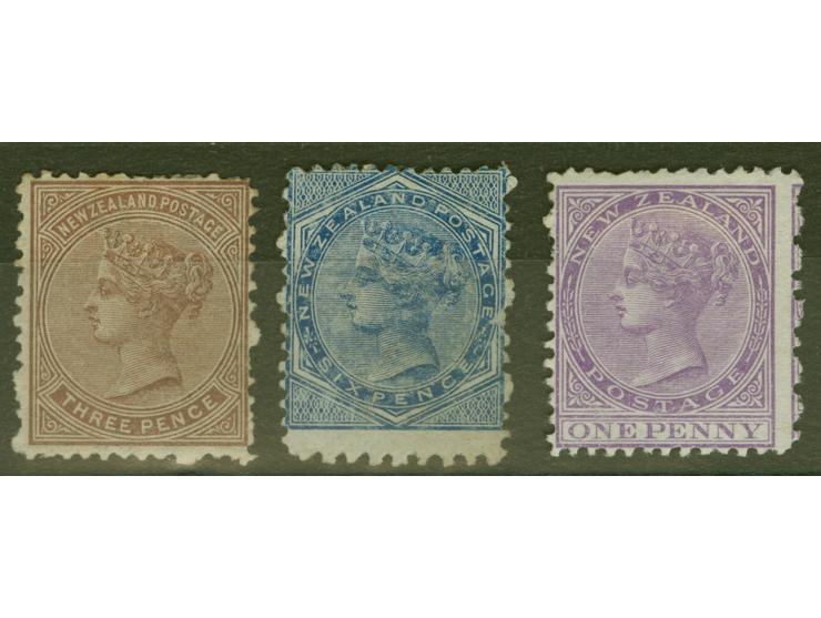 1874-78, QV three stamps, 1 d. violet unused no gum, others with part gum, otherwise fine (SG 151, 152, 176)
