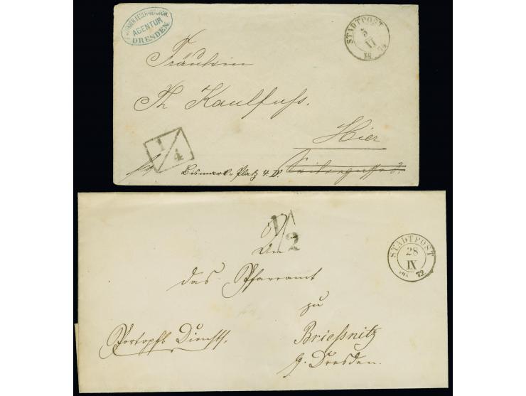 1872/74, Tax-Stempel “¼” (Groschen) im Rahmen auf Ortsbriefkuvert mit Stempel “STADTPOST 5V.VI.74” und 2. Ortsbriefhülle von 