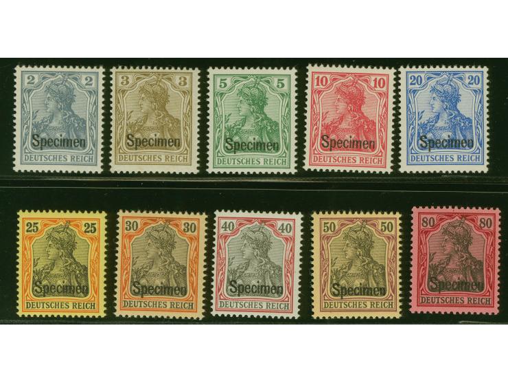 1902, Germania ohne Wasserzeichen 2-80 Pfennig, je mit Aufdruck “SPECIMEN”, postfrisch, 30 Pfg. etwas oxydiert, sonst tadello