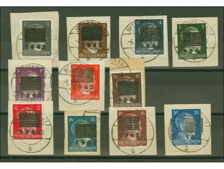 1945, Hitler 1-20 Pfg., einheitlich mit Aufdrucktype I, sauber mit Stempeln “NETZSCHKAU” auf Briefstücken, tadellos, meist si