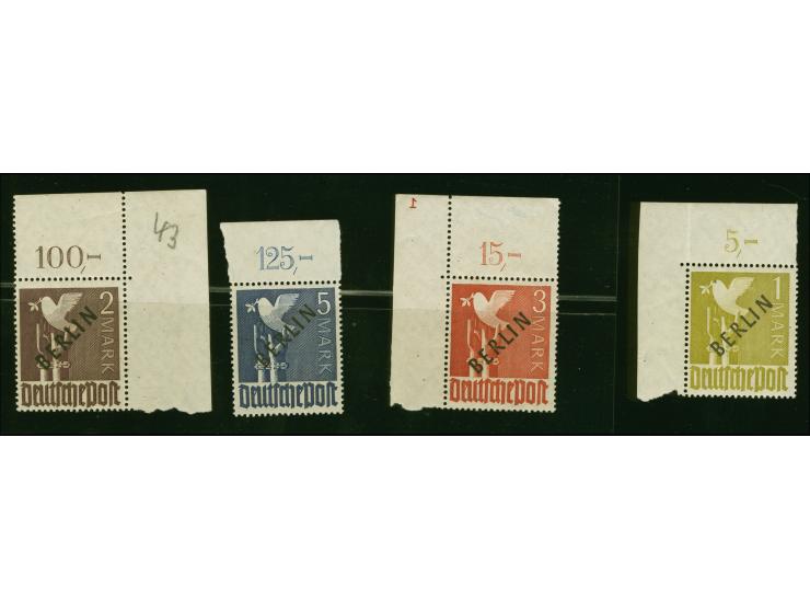 3 M. aus der linken oberen Bogenecke mit spiegelverkehrter Plattennummer "1", postfrisch mit leichten Haftstellen im Rand, Ku