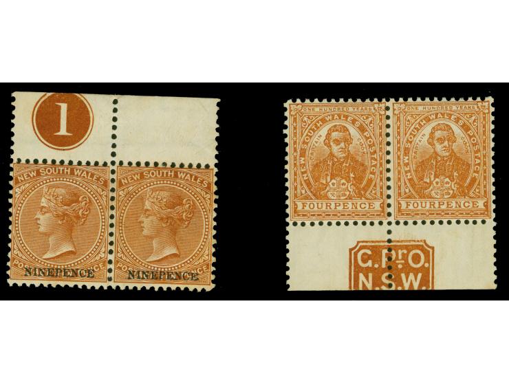 1897, 4 d. orange-brown pair, margin imprint “G.Pr.O.N.S.W.”, plus a mint pair 9 d. on 10 d. brownish orange with margin impr
