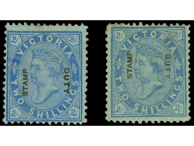 1885 (Feb.-Nov.) overprinted ´stamp duty´, 2/- ultramarine on green, glazed paper no gum and same stamp mint hinged with wate