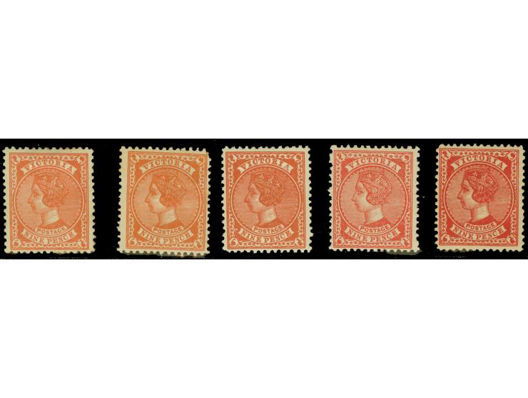 1905-13, 9 d. set of five mint stamps showing different colours, brown-red, orange-brown, red-brown, pale dull rose, rose-car