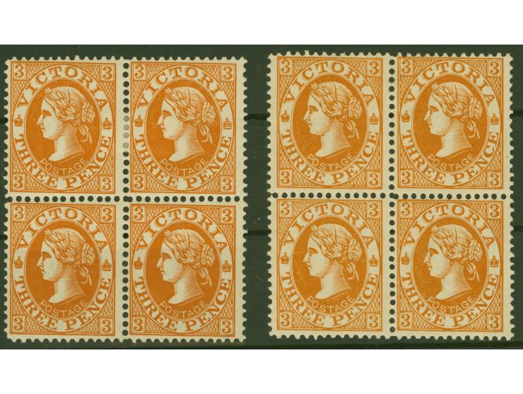 1901-10, 3 d. chestnut and 3 d. yellowish-brown, perf 12 x 12½, two blocks of four, mint hinged og. Fine pair SG £ 160+
