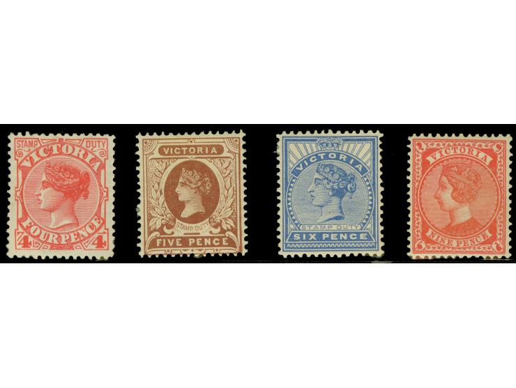 1899-1901, 4 d. rose-red, 5 d. red-brown, 6 d. dull ultramarine, 9 d. rose-red, each watermark V over Crown, perf 12½, mint h