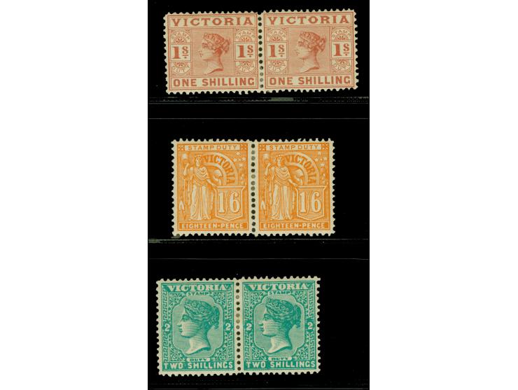 1899-1901, 1 s. brown-red, 1 s. 6 d. orange and 2 s. blue green, three pairs each watermark V over Crown, perf 12½, mint hing