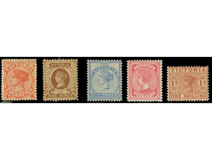 1886-1899, 4 d. red, 5 d. red-brown, 6 d. dull blue, 9 d. rosine and 1 s. brownish-red, all wmk. V over Crown, perf. 12½, min