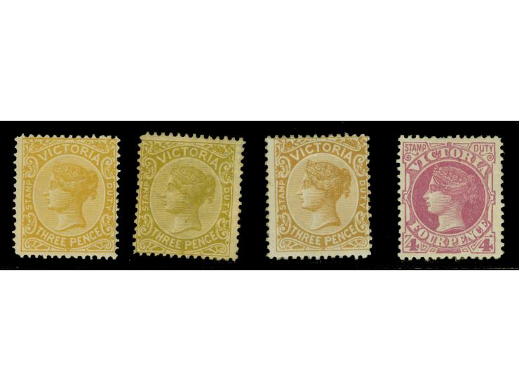 1885-95, 3 d.yellowish-brown, 3 d. pale ochre (regummed), 3 d. bistre-yellow and 4 d. magenta, wmk. V over Crown, perf. 12½, 