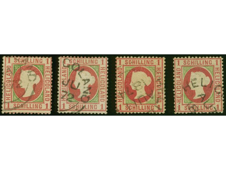 1869, 1 Schilling, 1.-4. Auflage, einheitlich mit Kreisbogenstempel “HELIGOLAND” entwertet, teils kleine Einschränkungen, ger