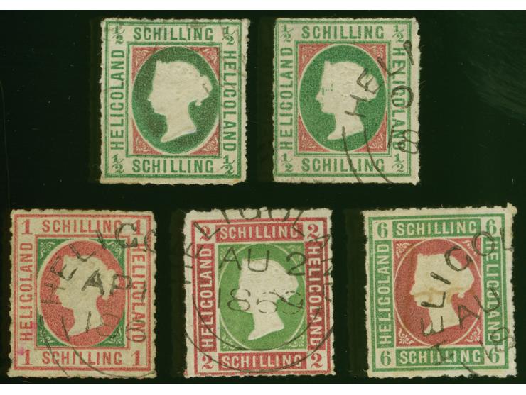 1867, ½ Schilling dunkelbläulichgrün/karmin sowie bläulichgrün/rötlichkarmin sowie 1-6 Schilling, je farbfrisch, einheitlich 