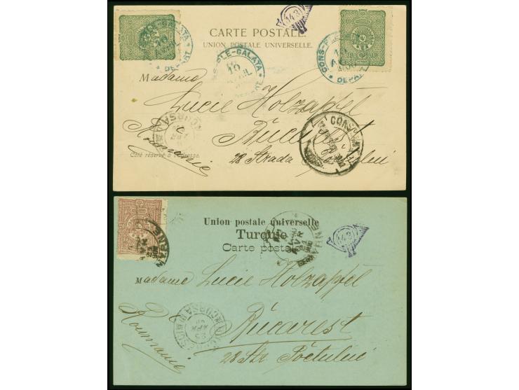1892, Incoming Mail: two postcards bearing 20 pa. and 2x10 pa. 1892 issue from Smyrne and Constantinople via CONSTANTA to Buc