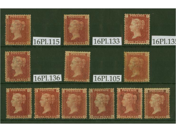 1864-79, 1 d. red, 12 stamps unused, different plate numbers 100-107, 115, 133, 135-136, fine group