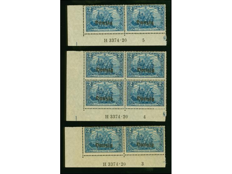 1920, 2 M. blau, zwei waagerechte Paar und ein Viererblock, einheitlich aus der linken unteren Bogenecke, je mit Aufdruck-HAN