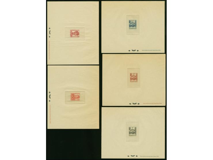 1948, Wiederaufbau des Saarlandes 10 C.-50 Fr. und Flugpost 25-200 Fr., kpl. als Ministerblocks auf Kartonpapier, jeder Karto