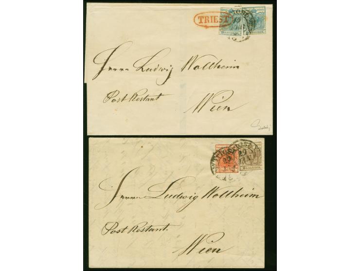 "TRIEST", roter Ovalstempel, klar auf &nbsp;9 Kr. hellblau, Type I, mit weiterem Einzelwert, beide im Zwergschnitt (für diese