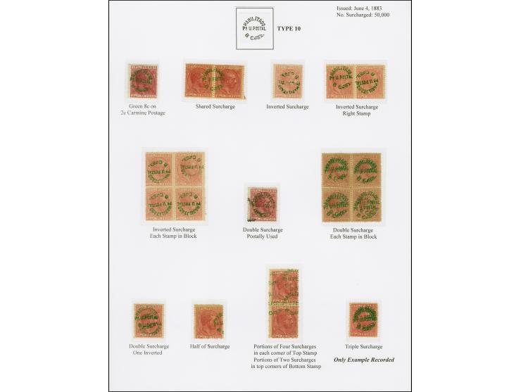 1881/88, "HABILITADO PA.U POSTAL 8 CMOS" on 2 centavos lilac rose, study of 39 stamps, mostly unused and in multiples, includ