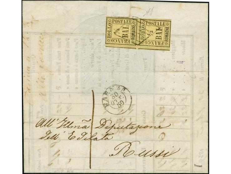1859, ½ Bajocchi on yellow, vertical pair, slightly touched at top, otherwise clear to large margins, with parts of two neigh