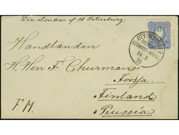 1888, 20 Pfennig dunkelultramarin mit sehr klarem Stempel “OTYIMBINGUE DEUTSCH SÜDWEST-AFRIKA 14.3.91” auf Briefkuvert mit Le