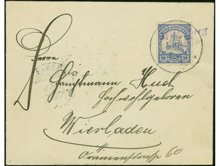 “Waterberg” violetter L1 und Wanderstempel vom 20.11.04" auf Kaiseryacht 20 Pfennig ohne Wasserzeichen als tarifgerechte Einz