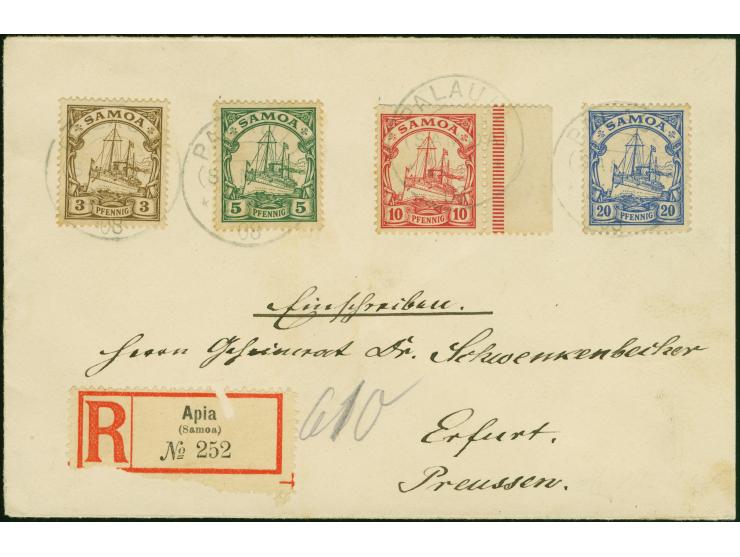 “PALAULI (SAMOA) 22.10.08” mehrfach recht klar auf Kaiseryacht 3-20 Pfennig auf überfrankiertem R-Brief via Apia mit etwas fe