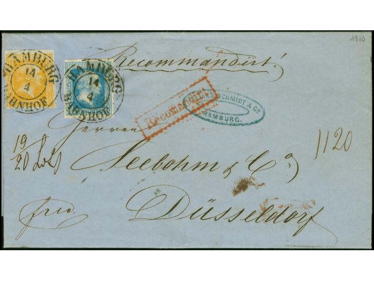 2 Sgr. hellblau, farbfrisch und allseits breitrandig, in Mischfrankatur mit Gittergrund 3 Sgr. orange, voll- bis &nbsp;breitr