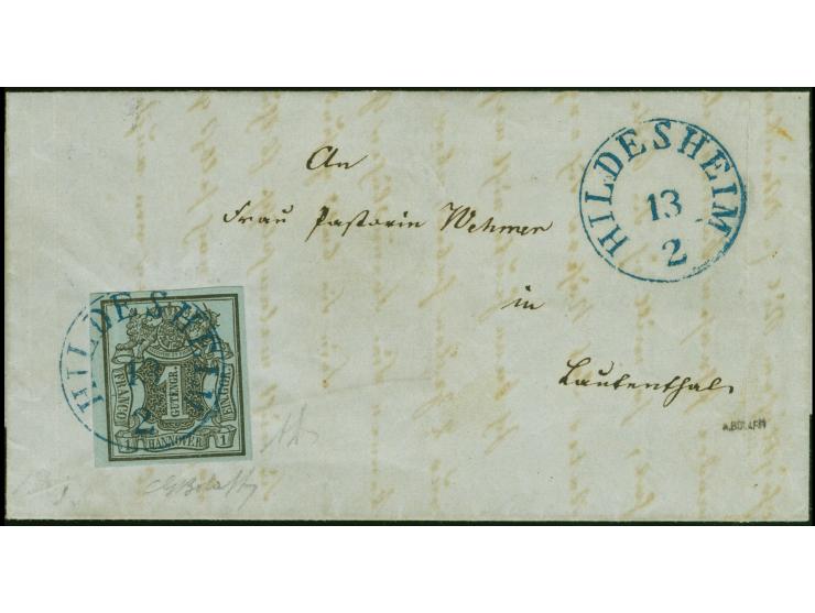 1 Ggr. auf blaugrau, farbfrisch und voll- bis breitrandig mit glasklar auf- und nebengesetztem blauen EKr. "HILDESHEIM 13 2" 