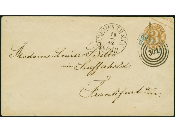 1863, Ganzsachenumschlag 3 Sgr. ockerbraun mit Doppelentwertung durch den blauen Ra2 "BREMEN/Bahnhof" und Nummerstempel "301"