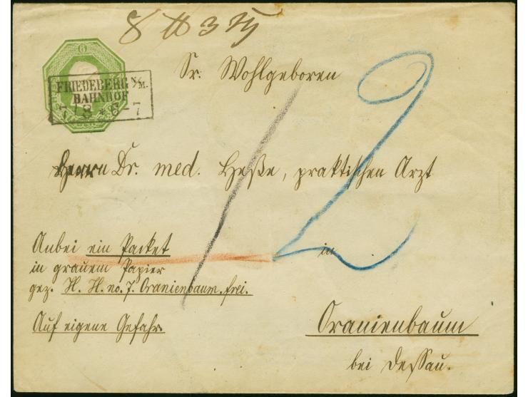 Umschlag 6 Silbergroschen gelbgrün im Großformat, Schilling-Nr. 2, mit auf dem Wertstempel abgeschlagenen Rahmenstempel "FRIE