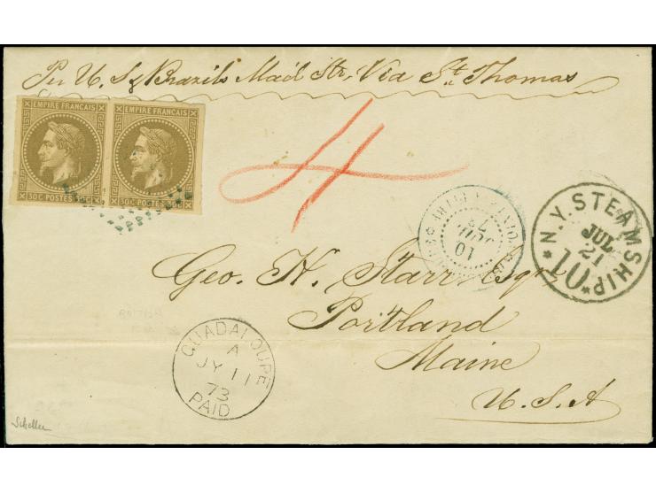 1871, General issue 30c brown in horizontal pair (2 smal marginal tears), tied by dotted lozenge, with adjacent Guadeloupe / 