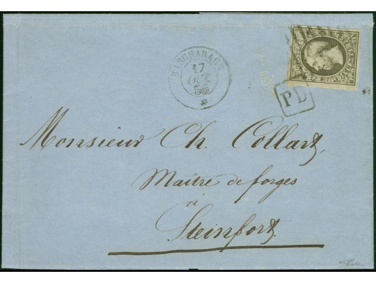 1852, William 10 c. grey-black with good to large margins, tied by circle of bars and boxed "PD", with adjacent "BASCHARAGE 1